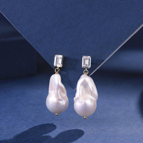 11-13mm Baroque Pearl Earrings with Cubic Zirconia - House Of Pearls
